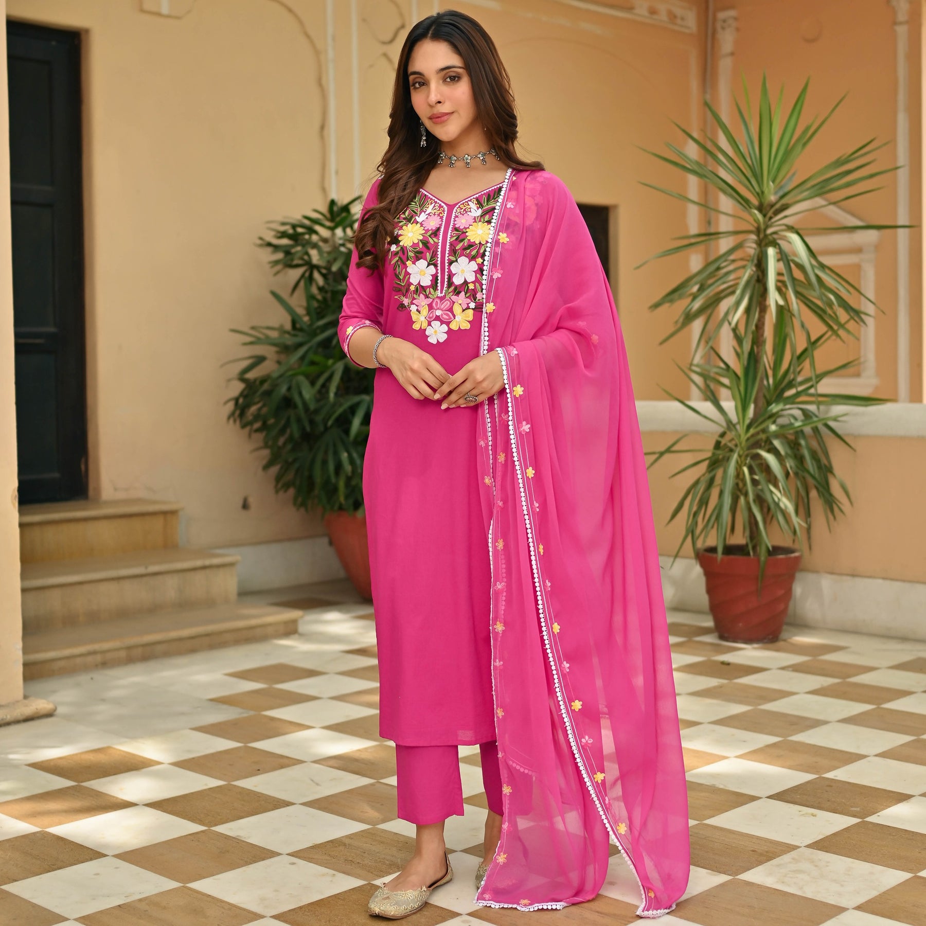 Pink Cotton Aari Kurta Set