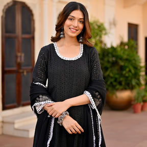 Black Schiffli Anarkali Set