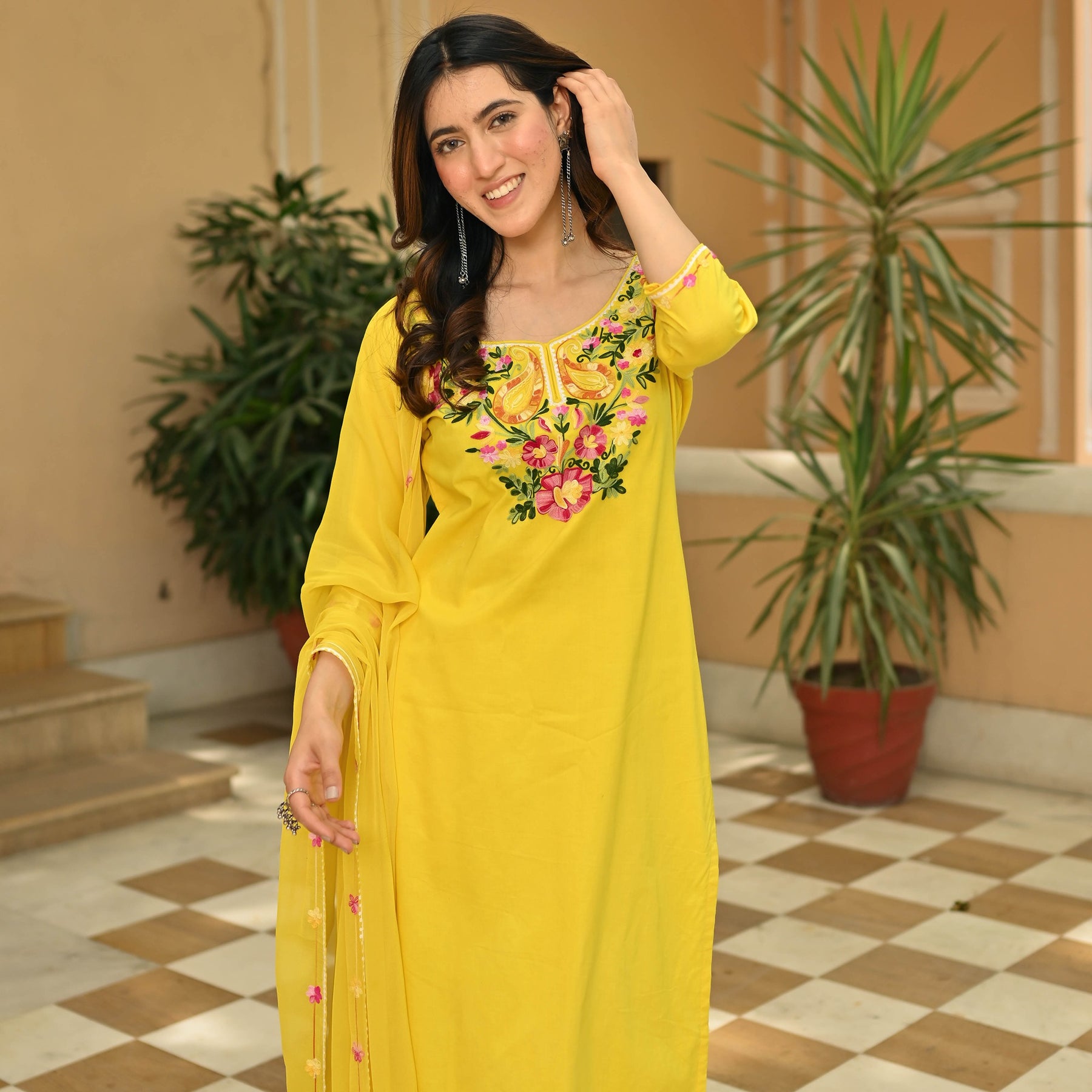 Yellow Cotton Aari Kurta Set