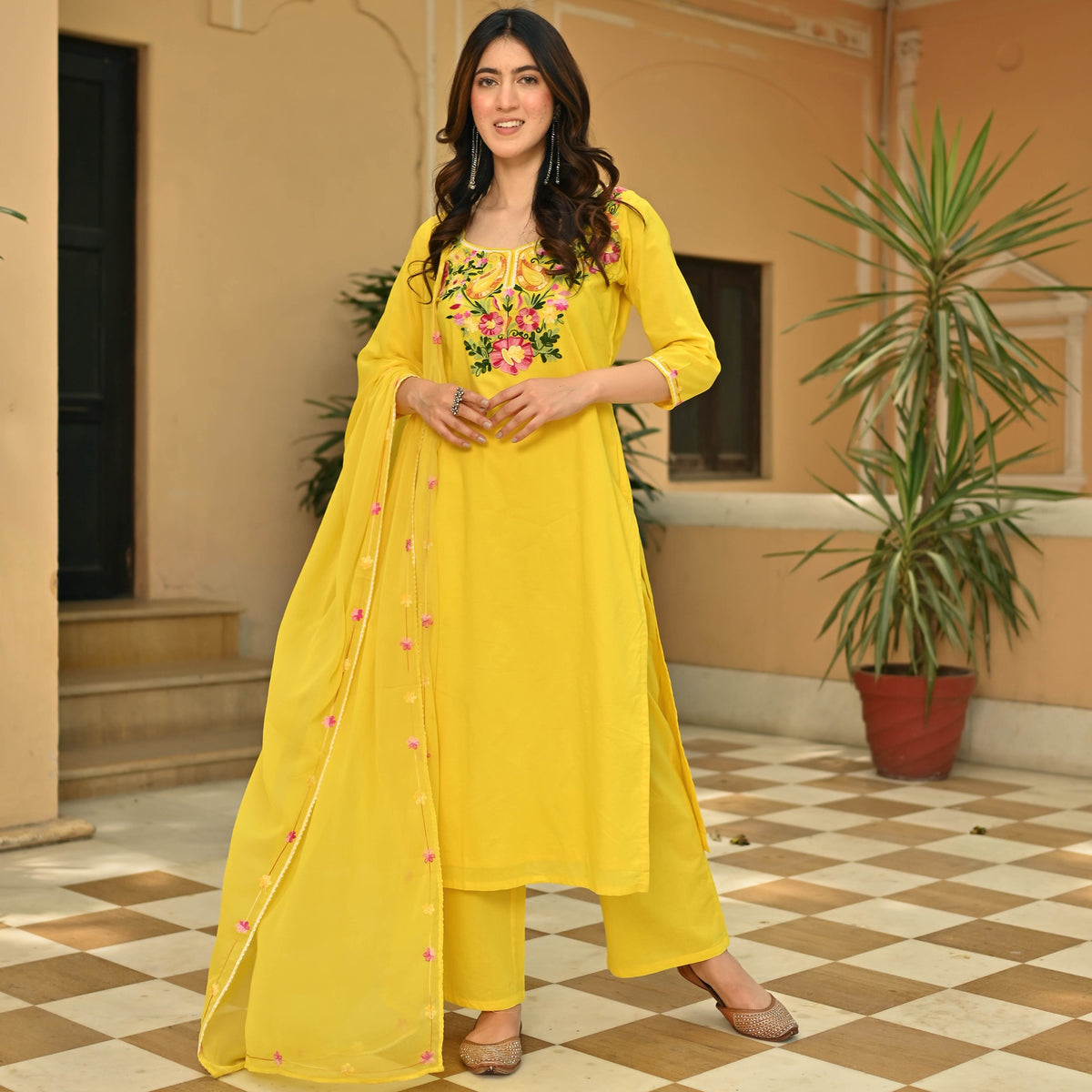 Yellow Cotton Aari Kurta Set