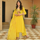 Yellow Cotton Aari Kurta Set