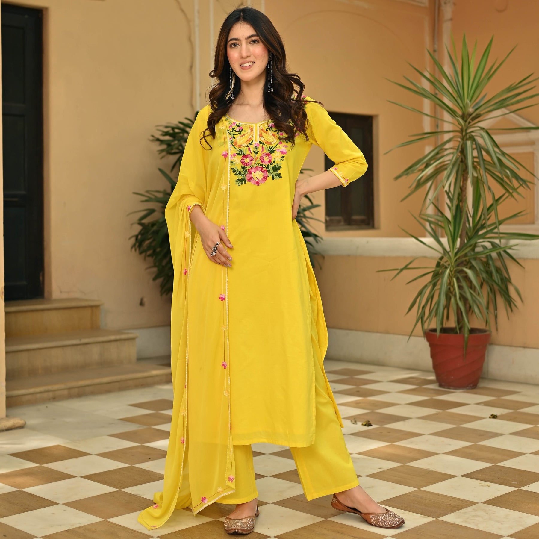 Yellow Cotton Aari Kurta Set