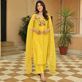 Yellow Cotton Aari Kurta Set