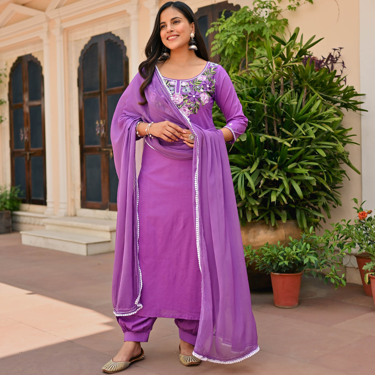 Purple Cotton Aari Kurta Set