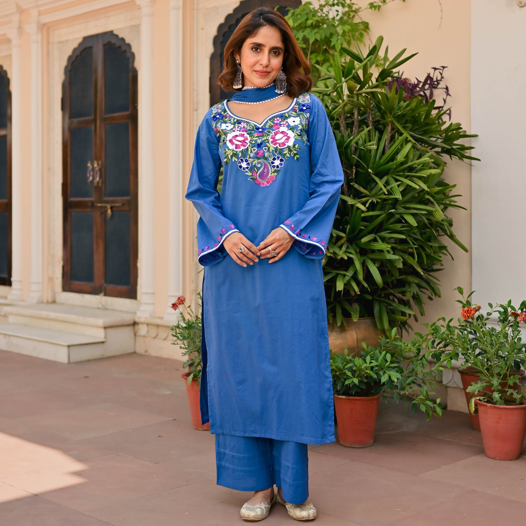 Blue Cotton Aari Kurta Set