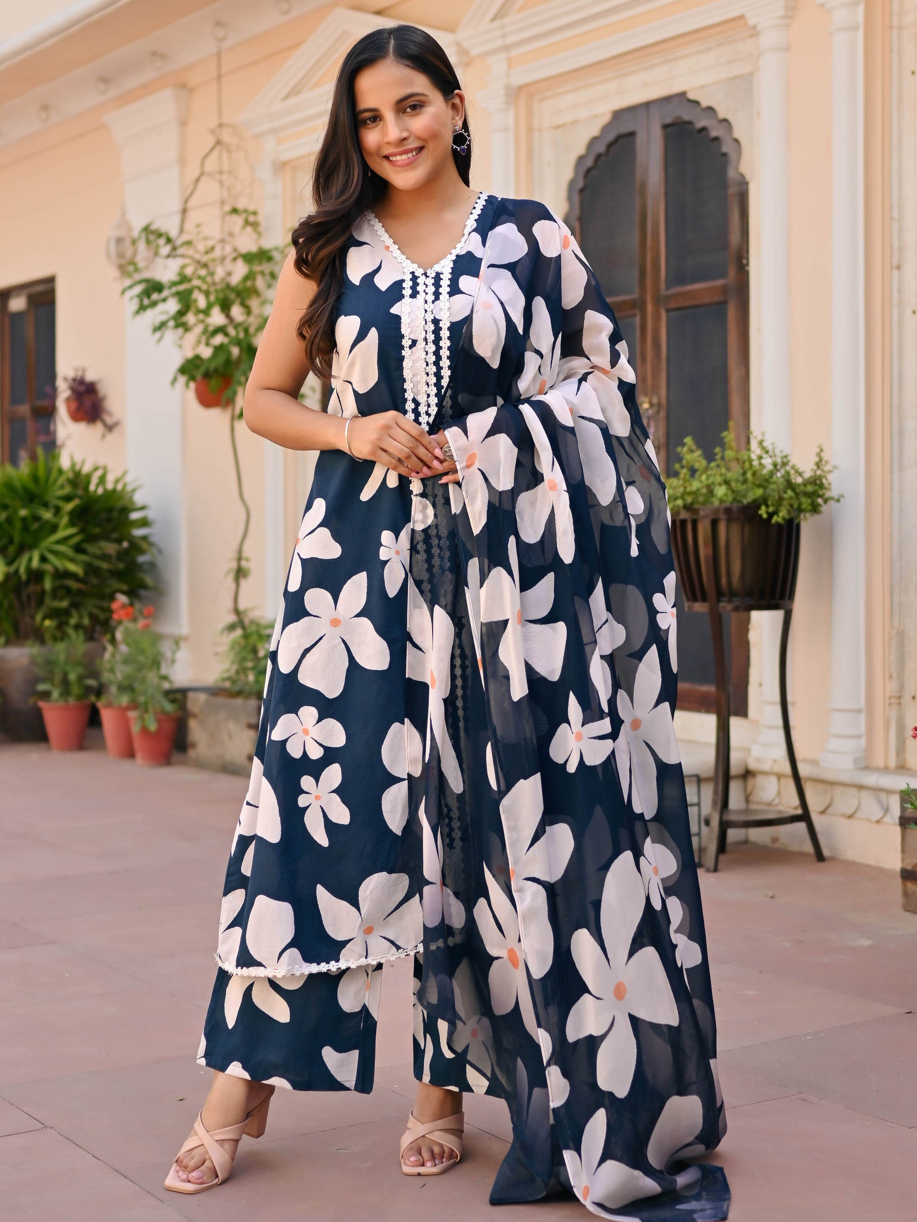 Navy Blue Printed Anarkali Set