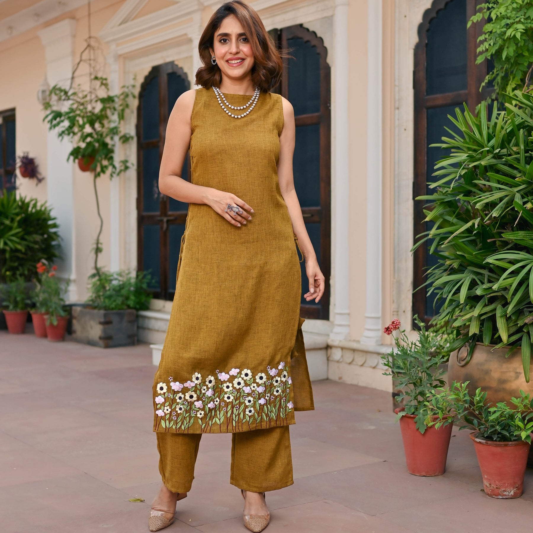 Mustard Embroidered Kurta Set