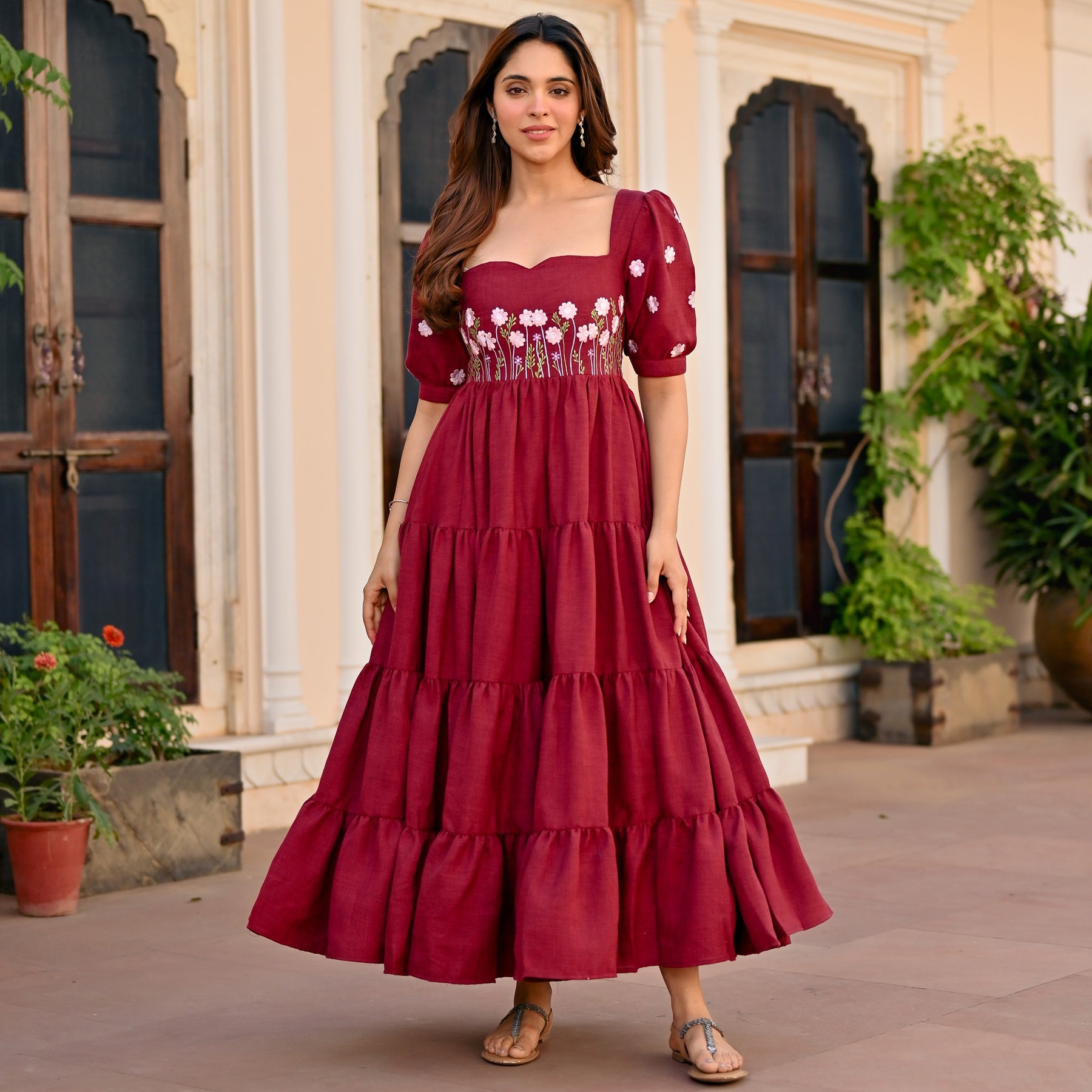 Maroon Floral Embroidery Dress