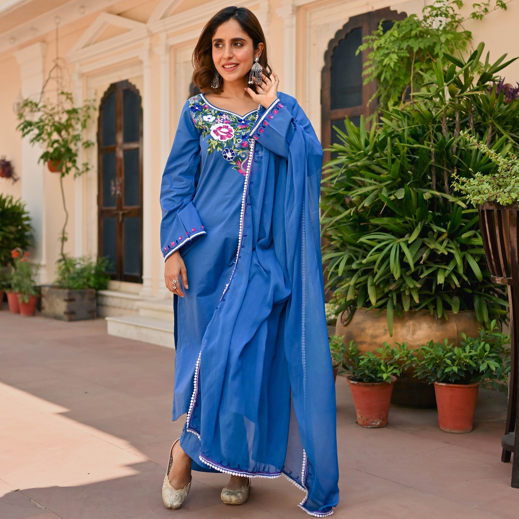 Blue Cotton Aari Kurta Set