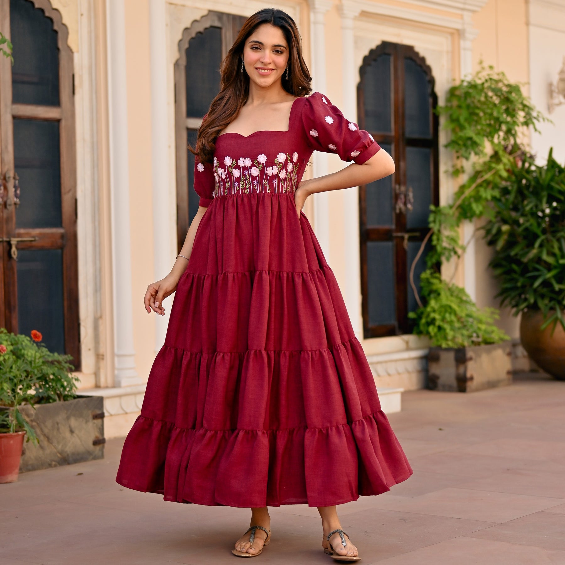 Maroon Floral Embroidery Dress