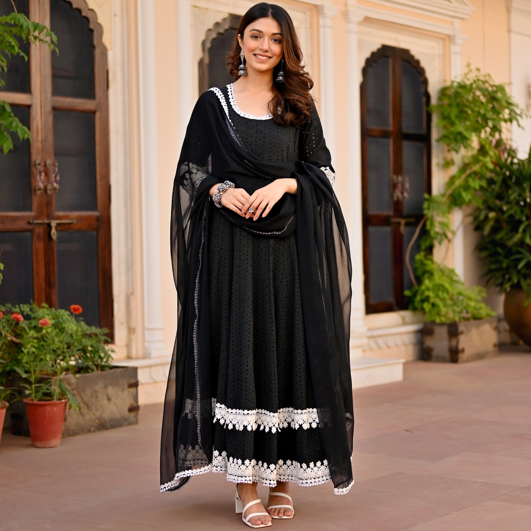 Black Schiffli Anarkali Set