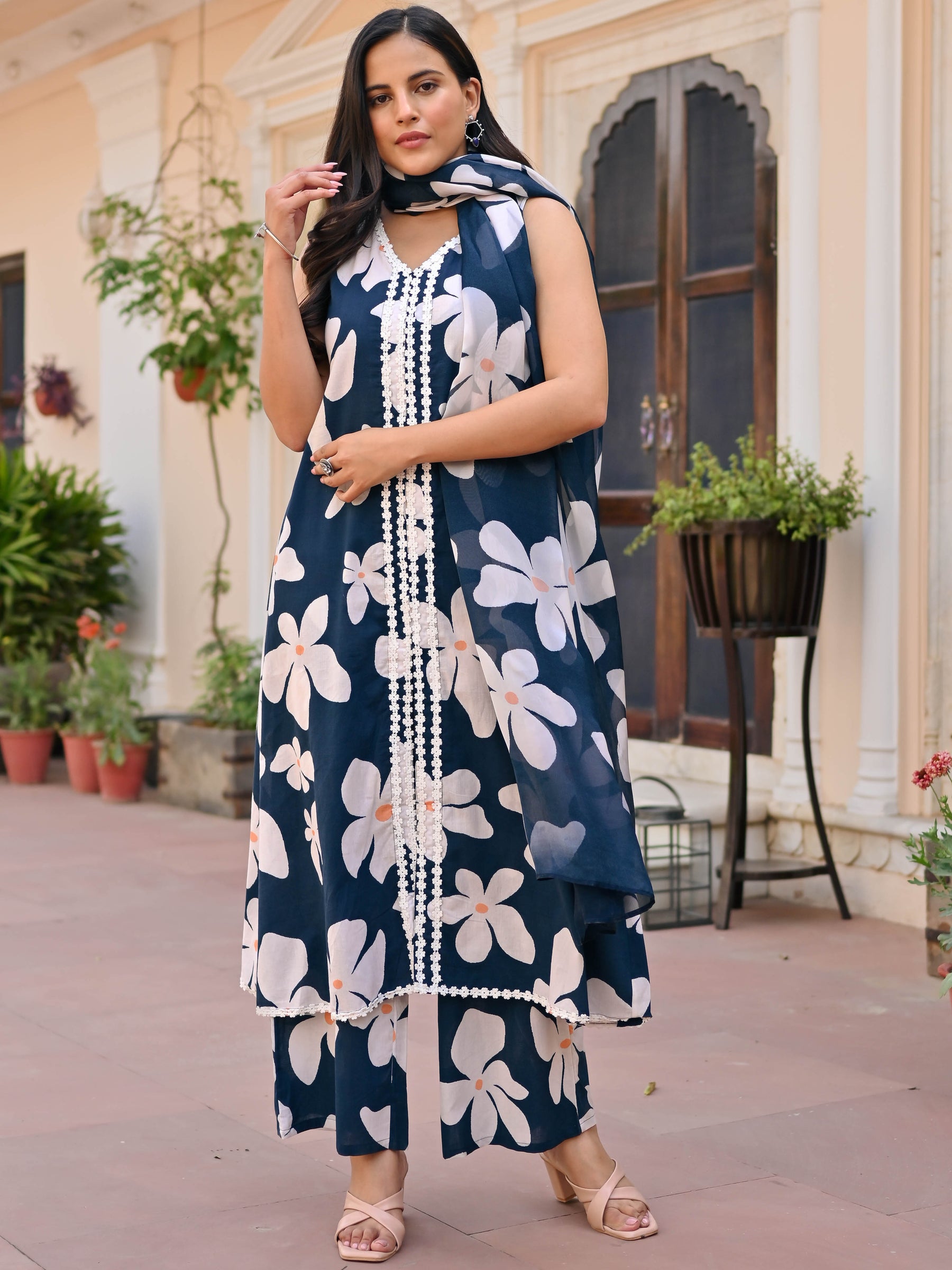 Navy Blue Printed Anarkali Set