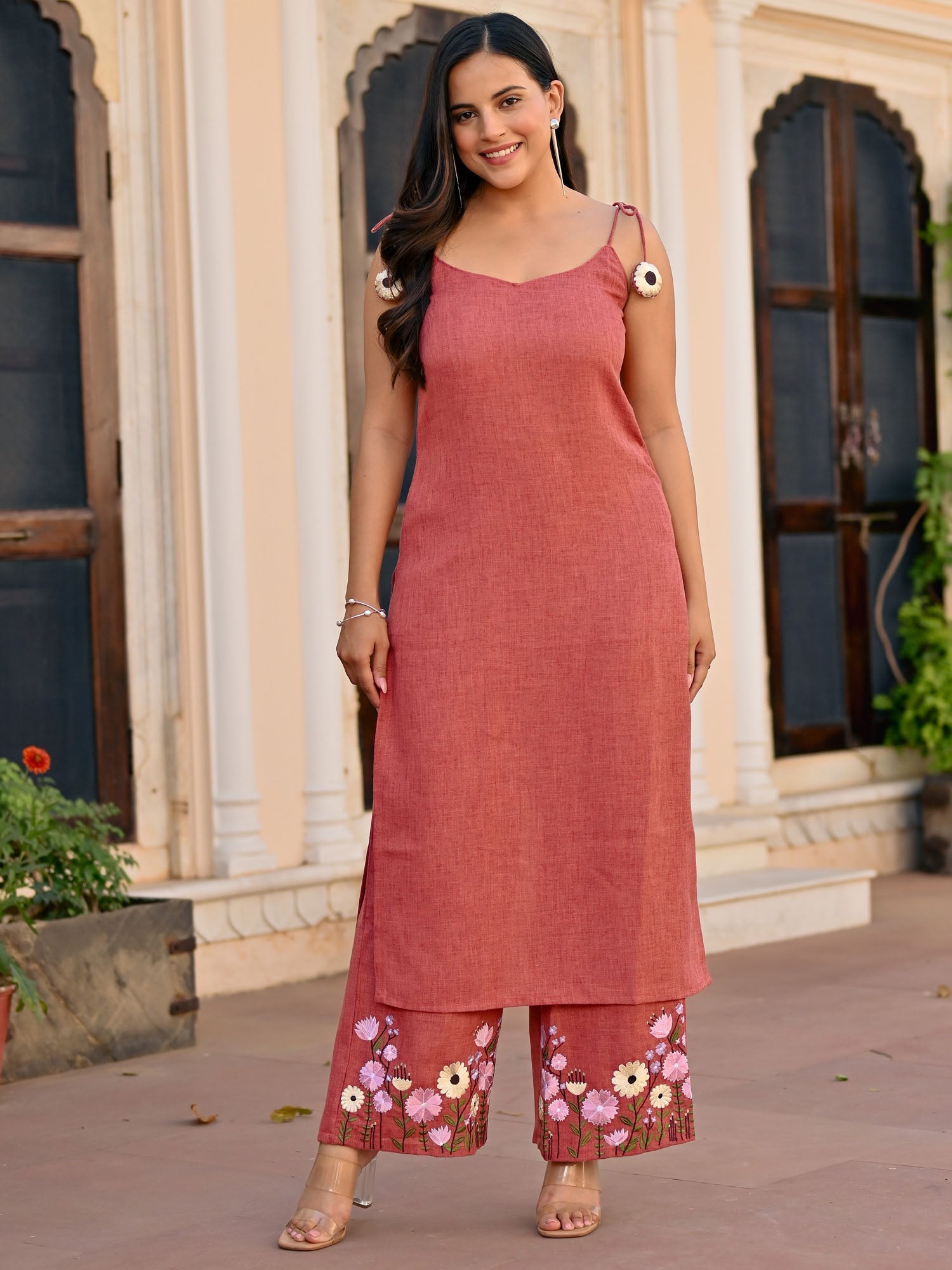 Brick Red Embroidered Kurta Set