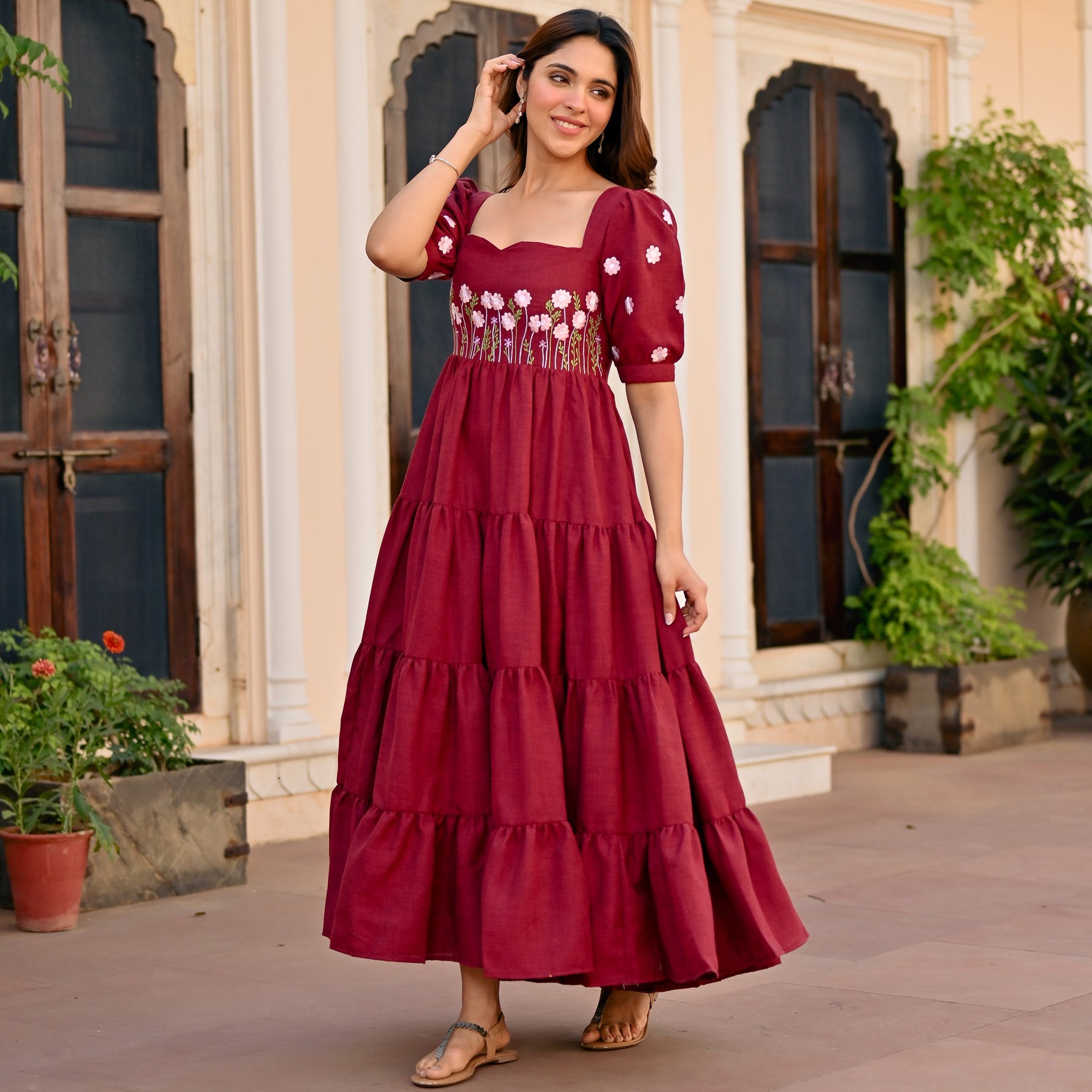 Maroon Floral Embroidery Dress