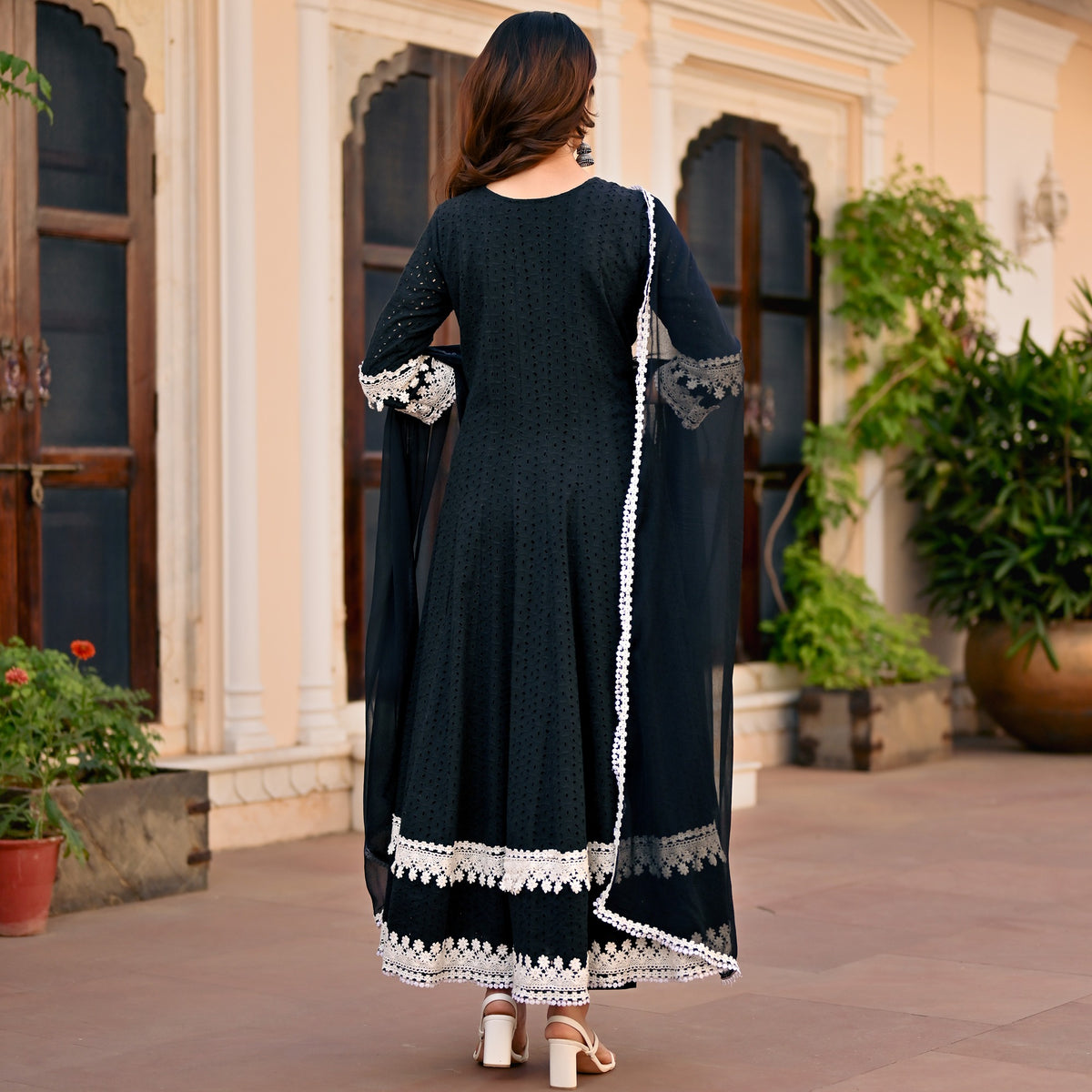 Black Schiffli Anarkali Set