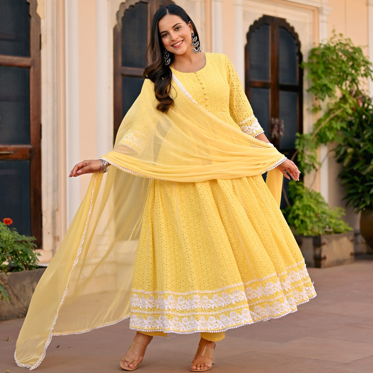 Yellow Schiffli Anarkali Set