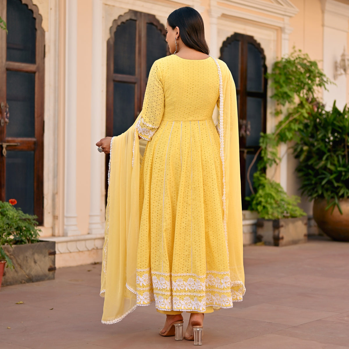 Yellow Schiffli Anarkali Set