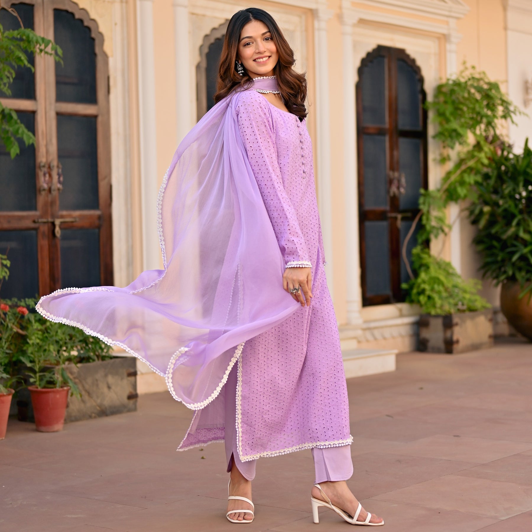 Lavendar Schiffli Kurta Set