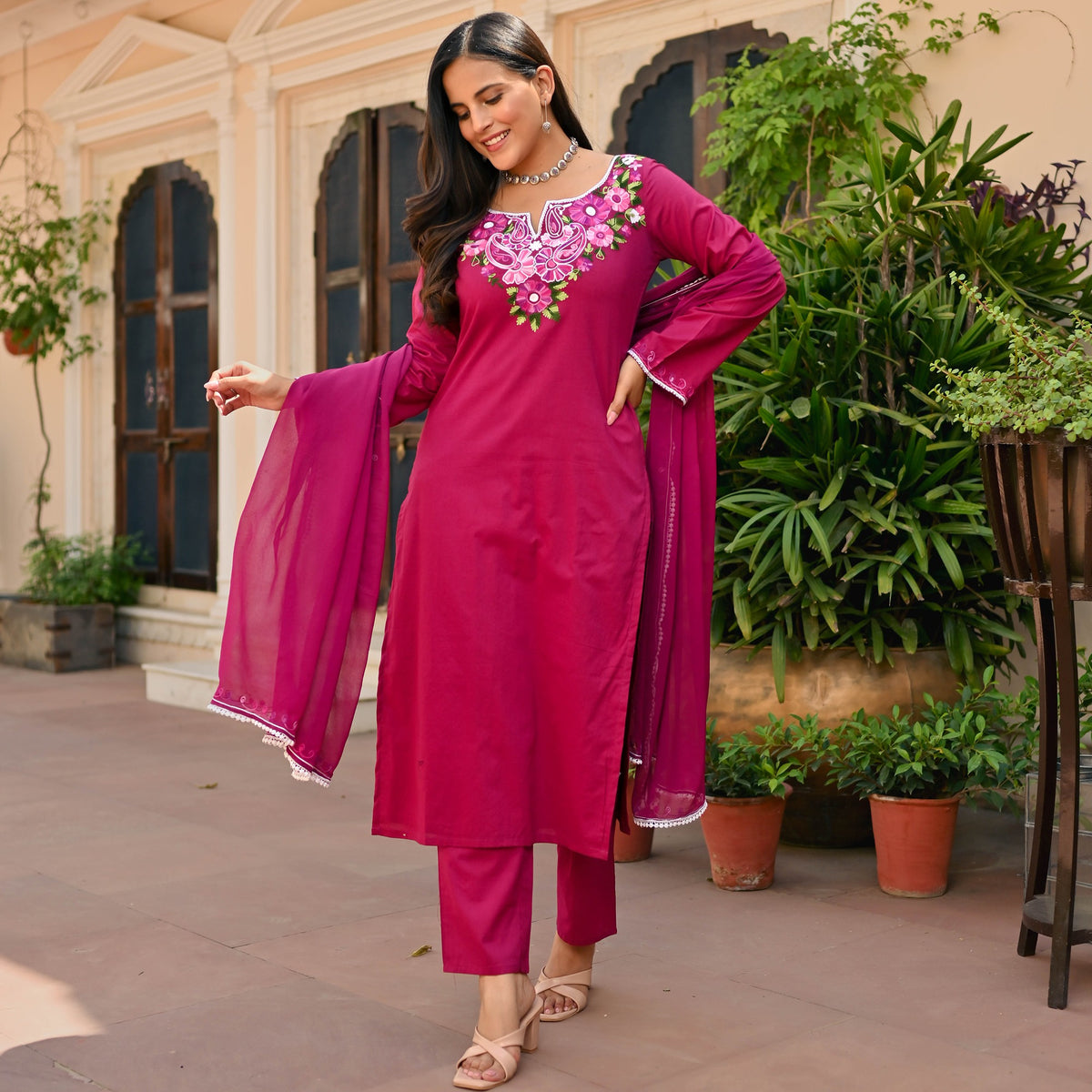 Magenta Cotton Aari Kurta Set