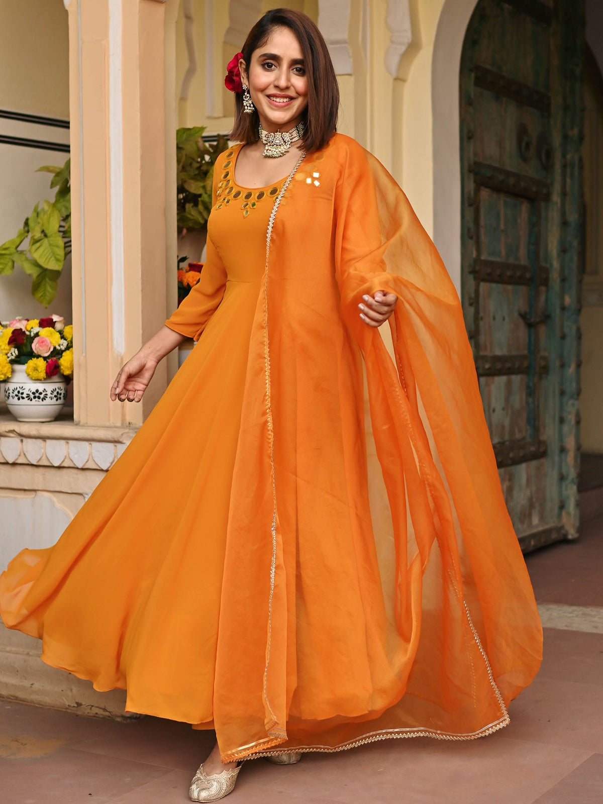 Mustard Yellow Mirror Anarkali Set