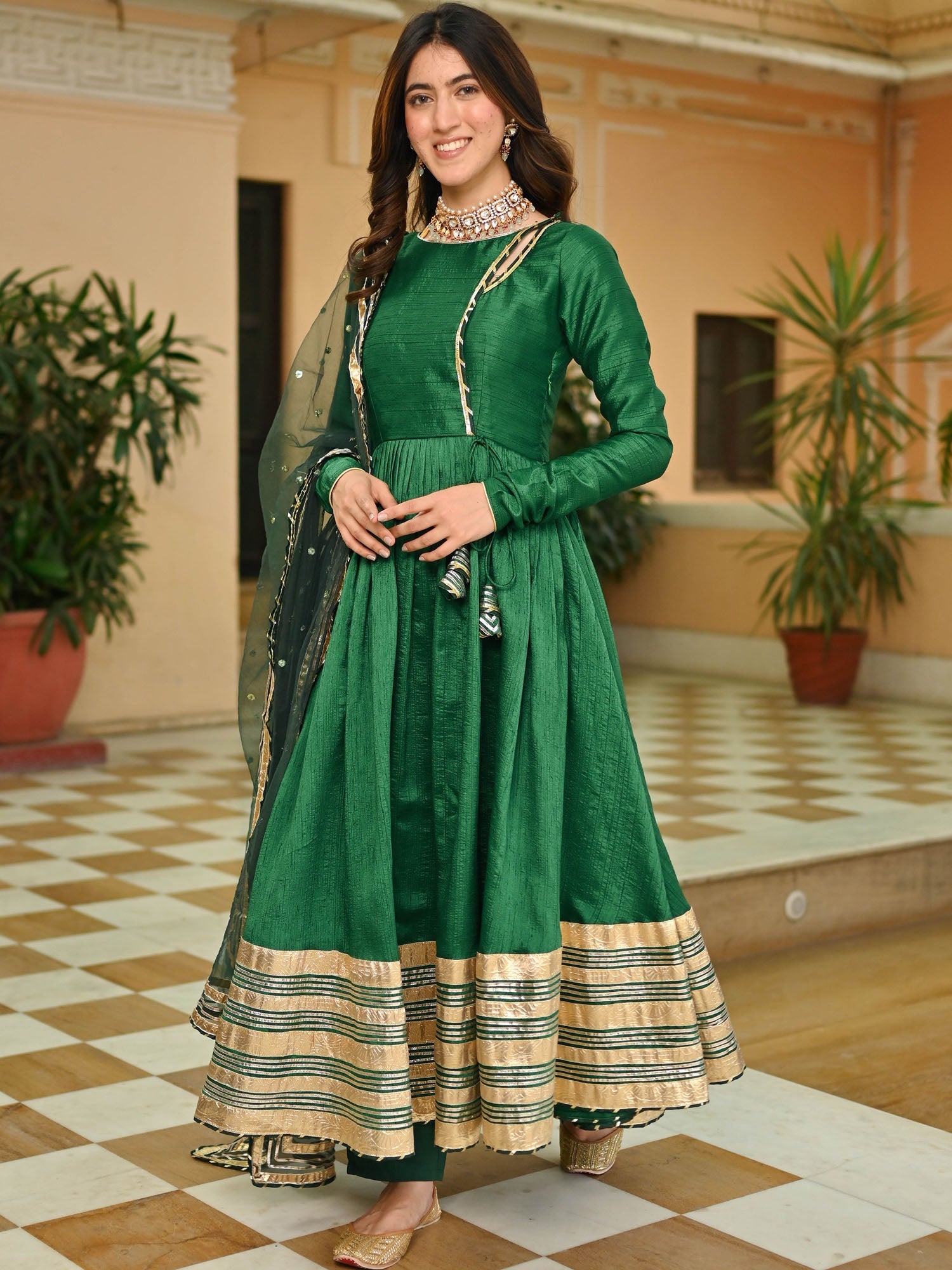 Dark Green Silk Anarkali set