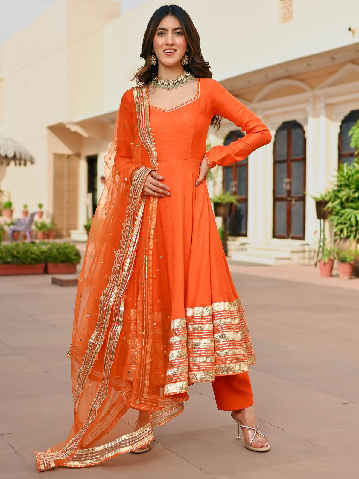 Orange Silk Anarkali set