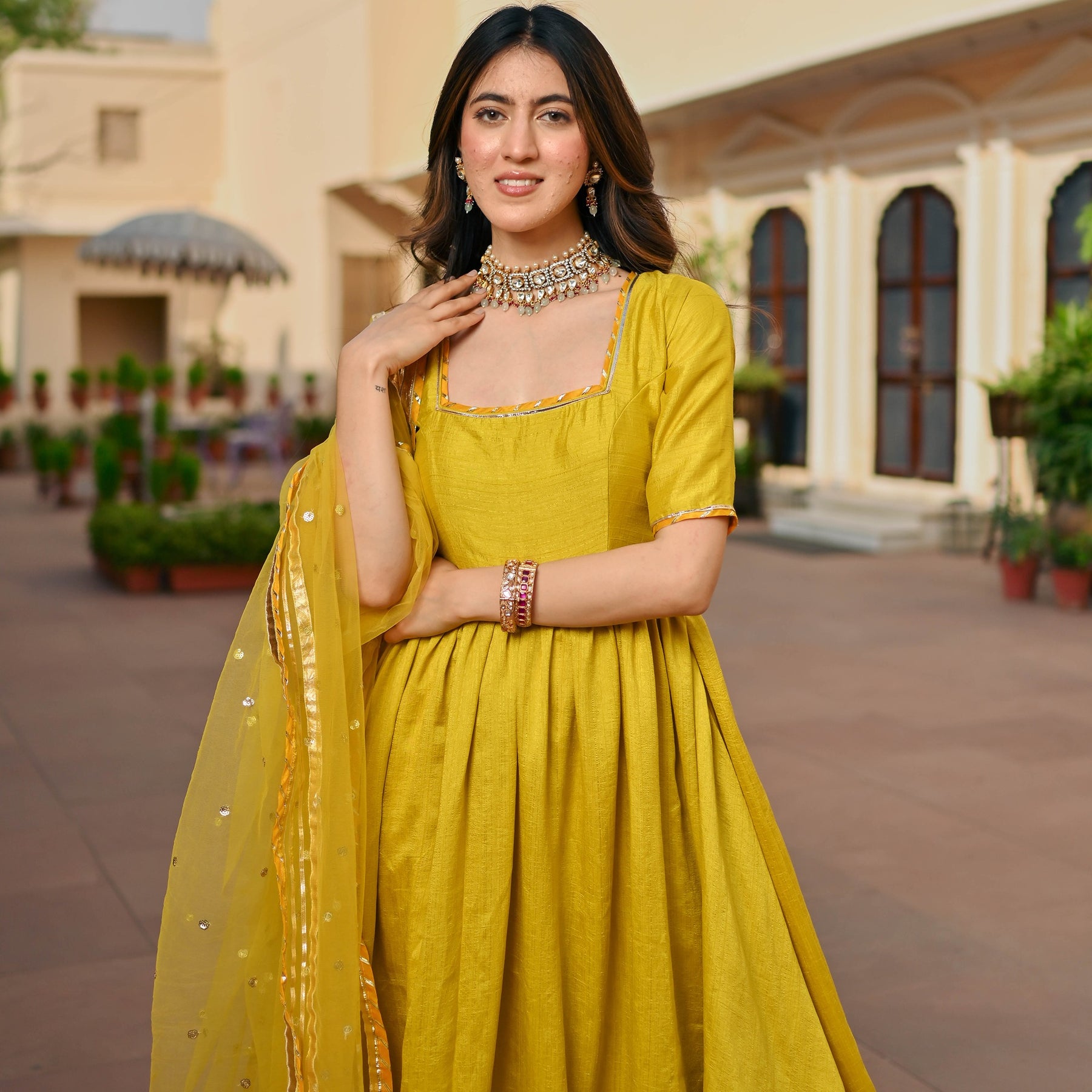 Lemon Green Silk Anarkali set