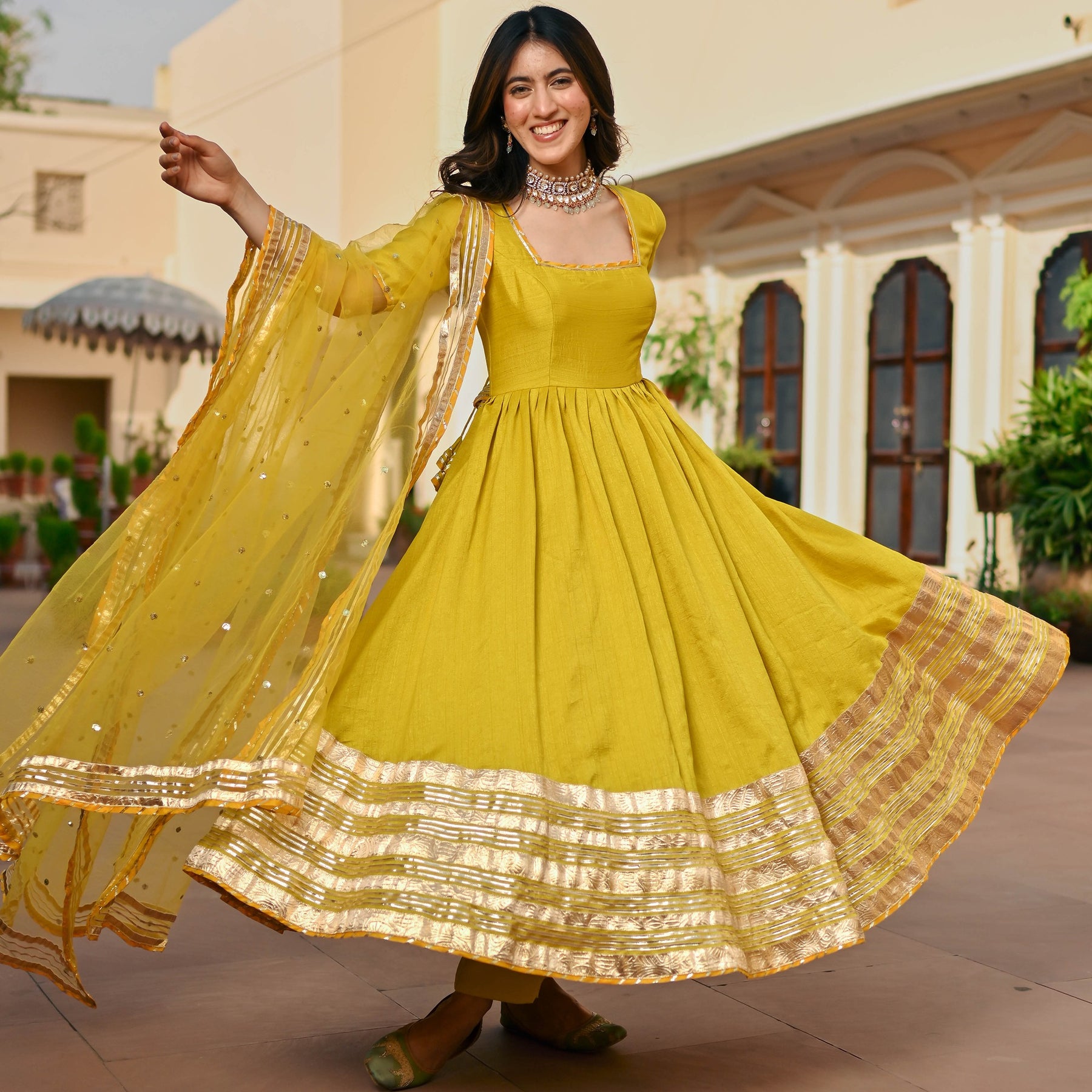 Lemon Green Silk Anarkali set