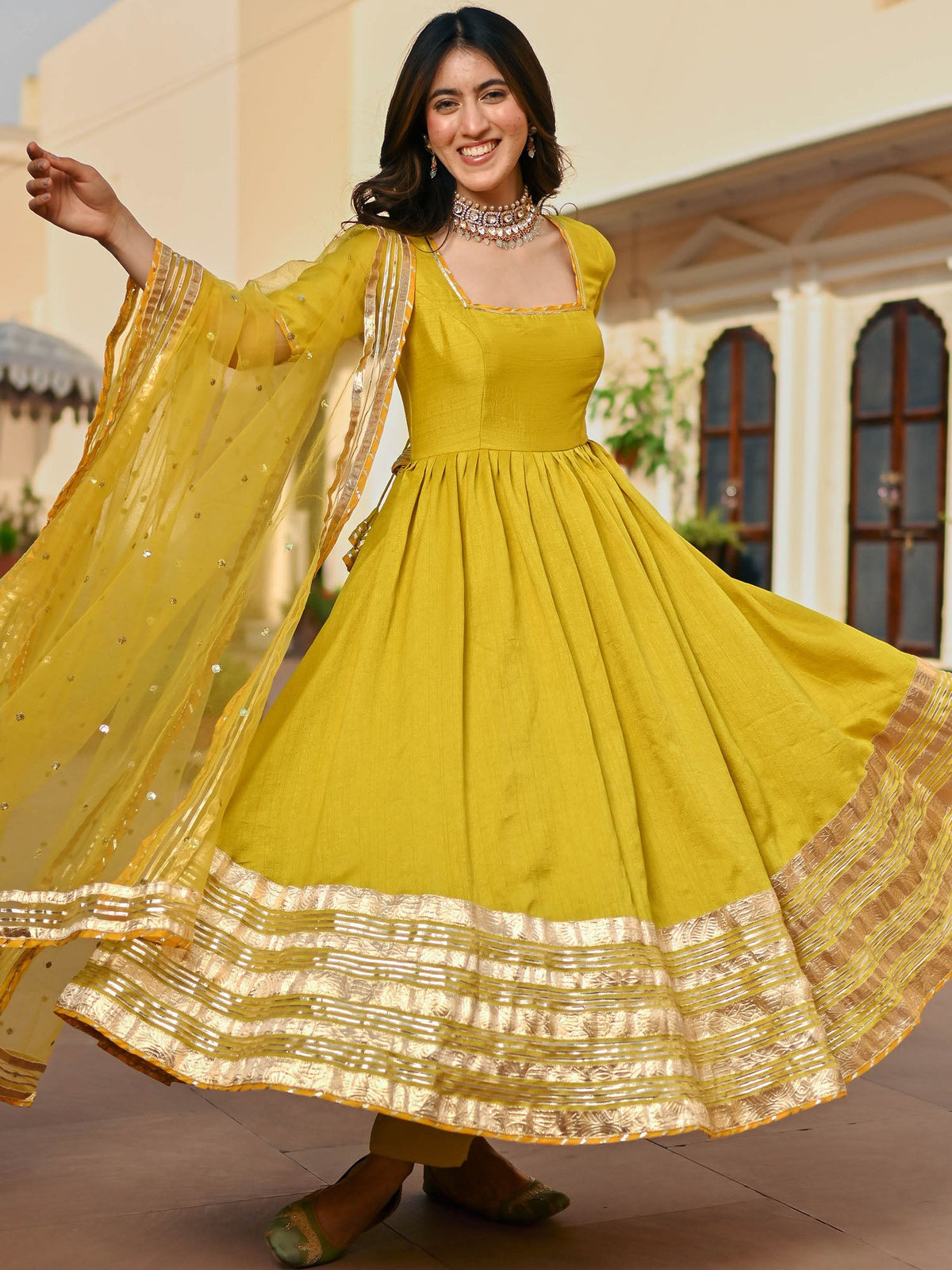 Lemon Green Silk Anarkali set