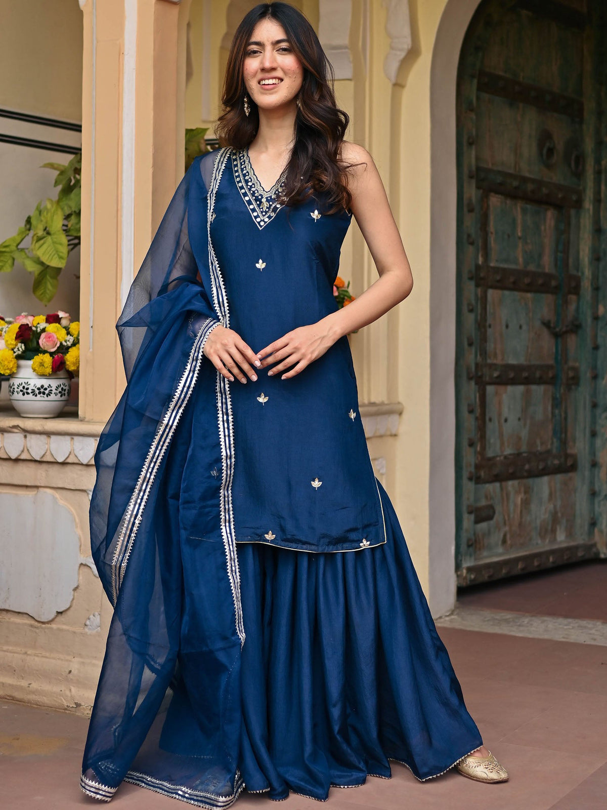 NAVY BLUE SILK KURTA AND SHARARA SET