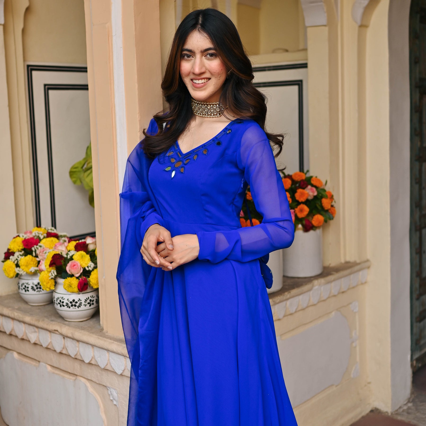 Eletric Blue Mirror Anarkali Set