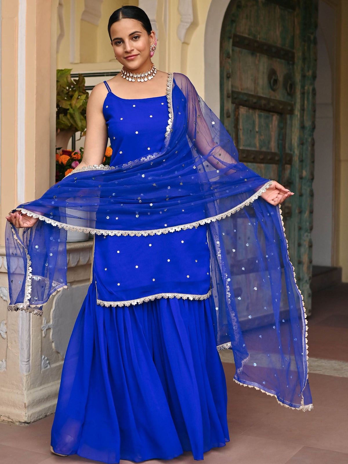 DARK BLUE GEORGETTE KURTA AND SHARARA SET