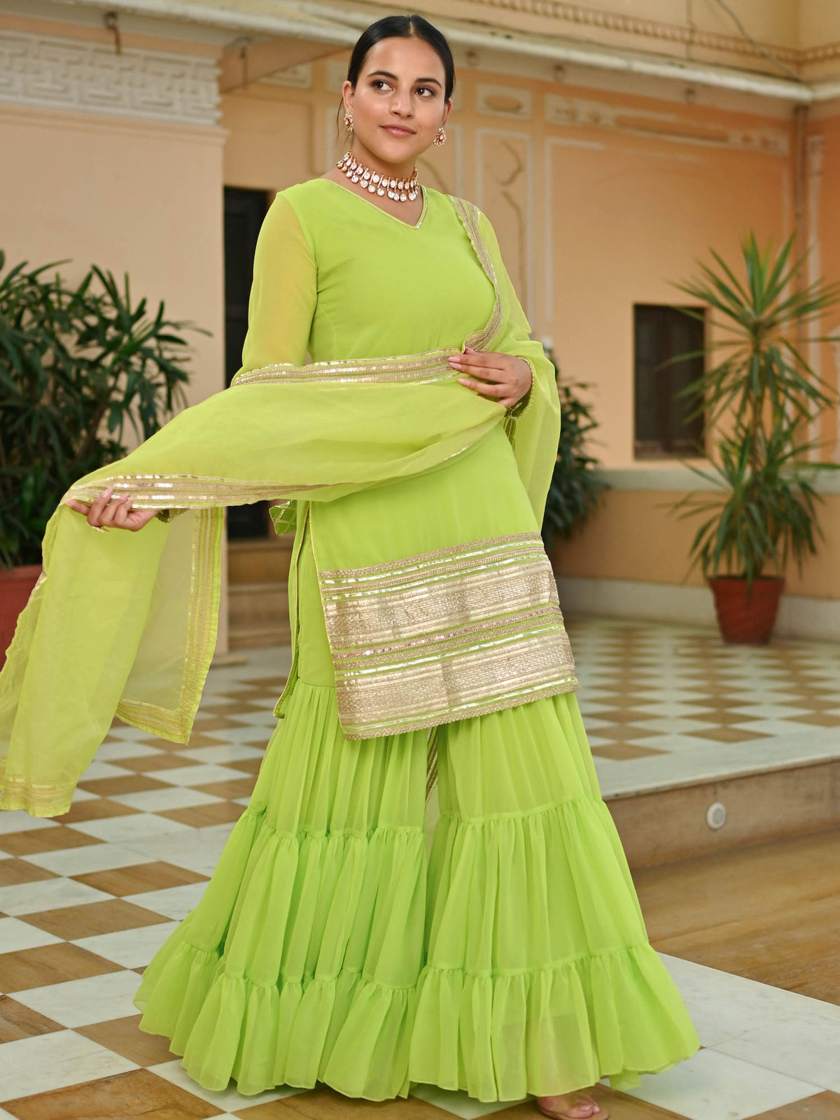 GREEN GEORGETTE KURTA AND SHARARA SET