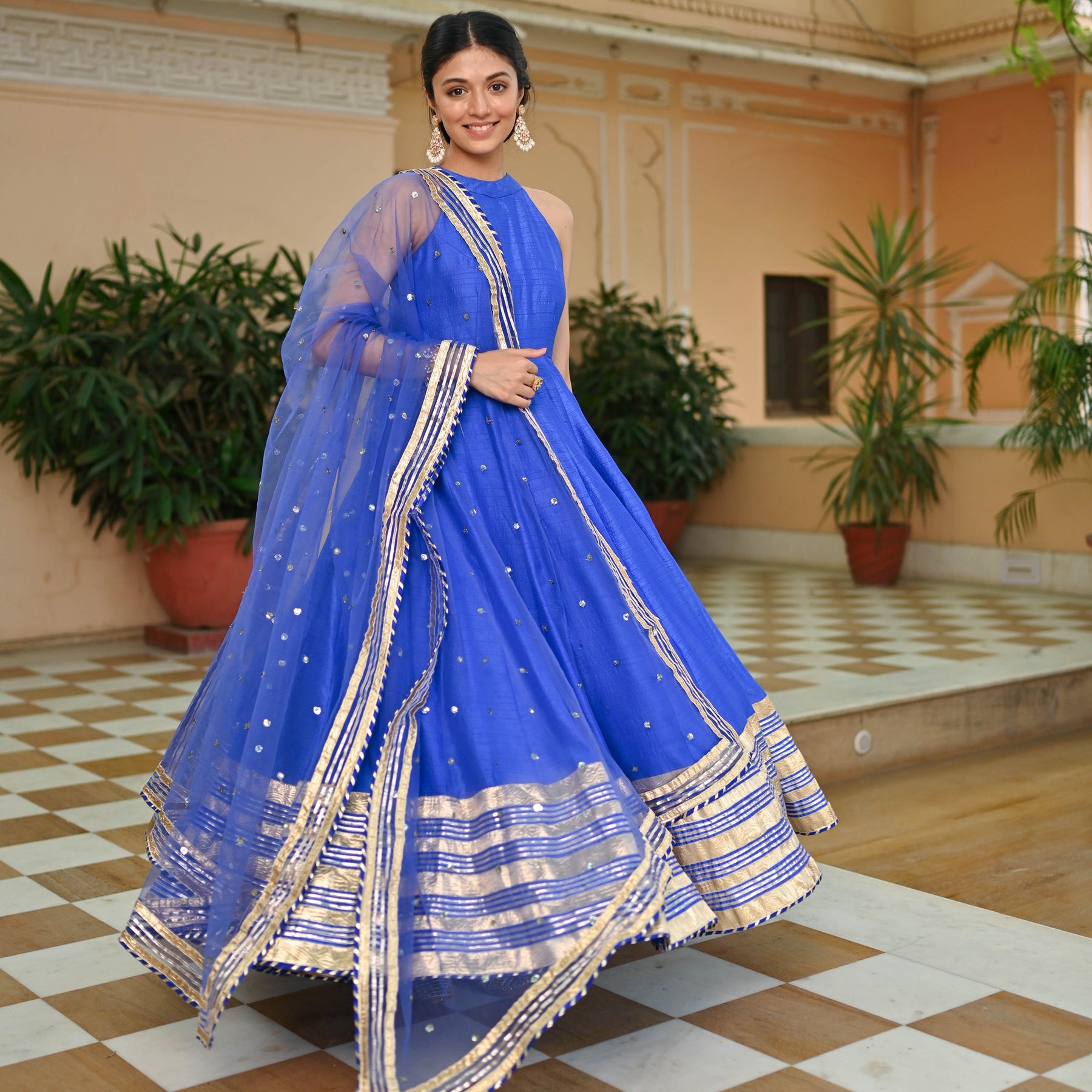 Blue Silk Anarkali Set