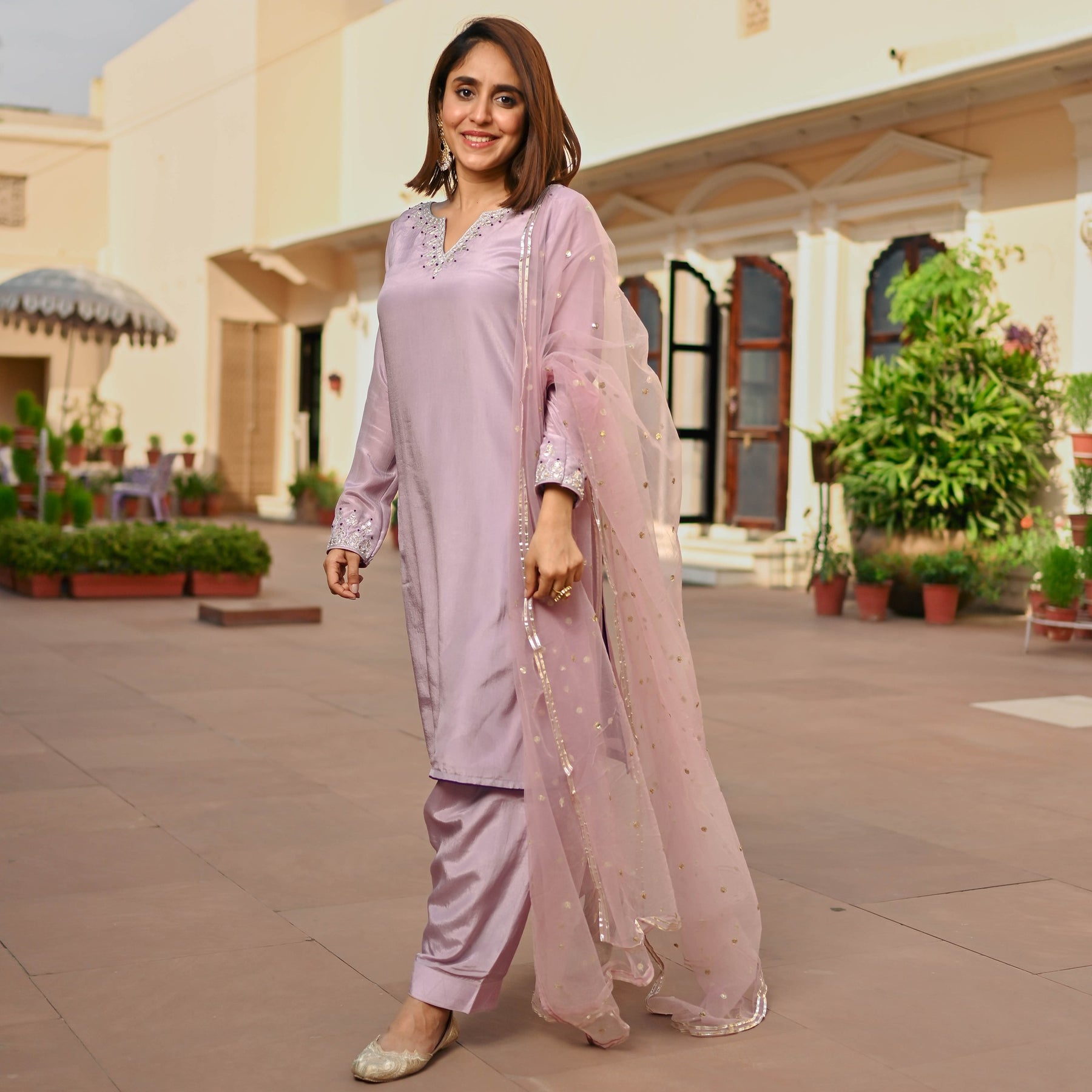 MAUVE SILK KURTA AND SEMI PATIALA SET