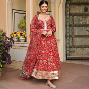 Red Handblock Printed Anarkali Set