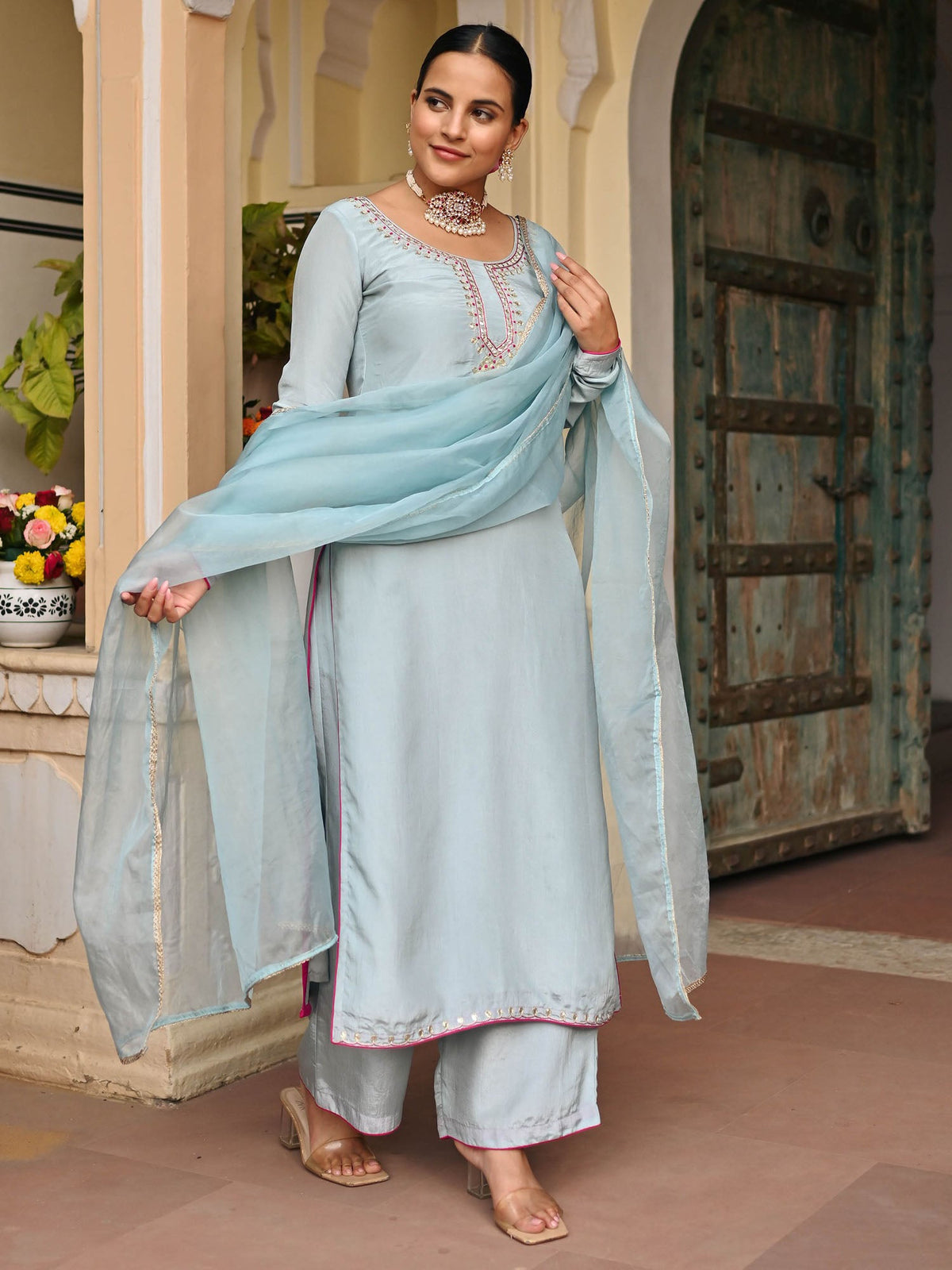 SKY BLUE SILK KURTA AND PALAZZO SET