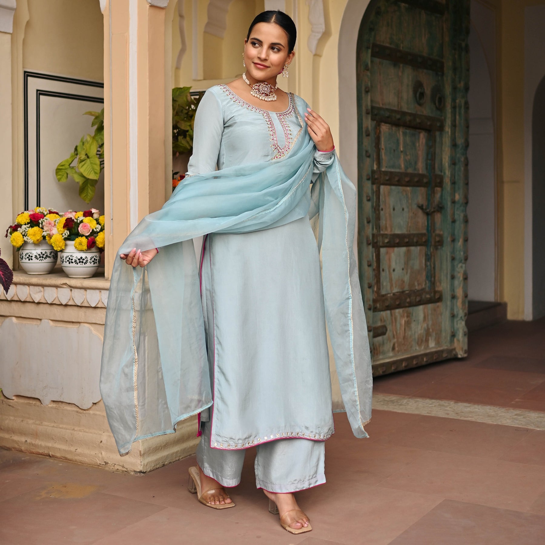 SKY BLUE SILK KURTA AND PALAZZO SET