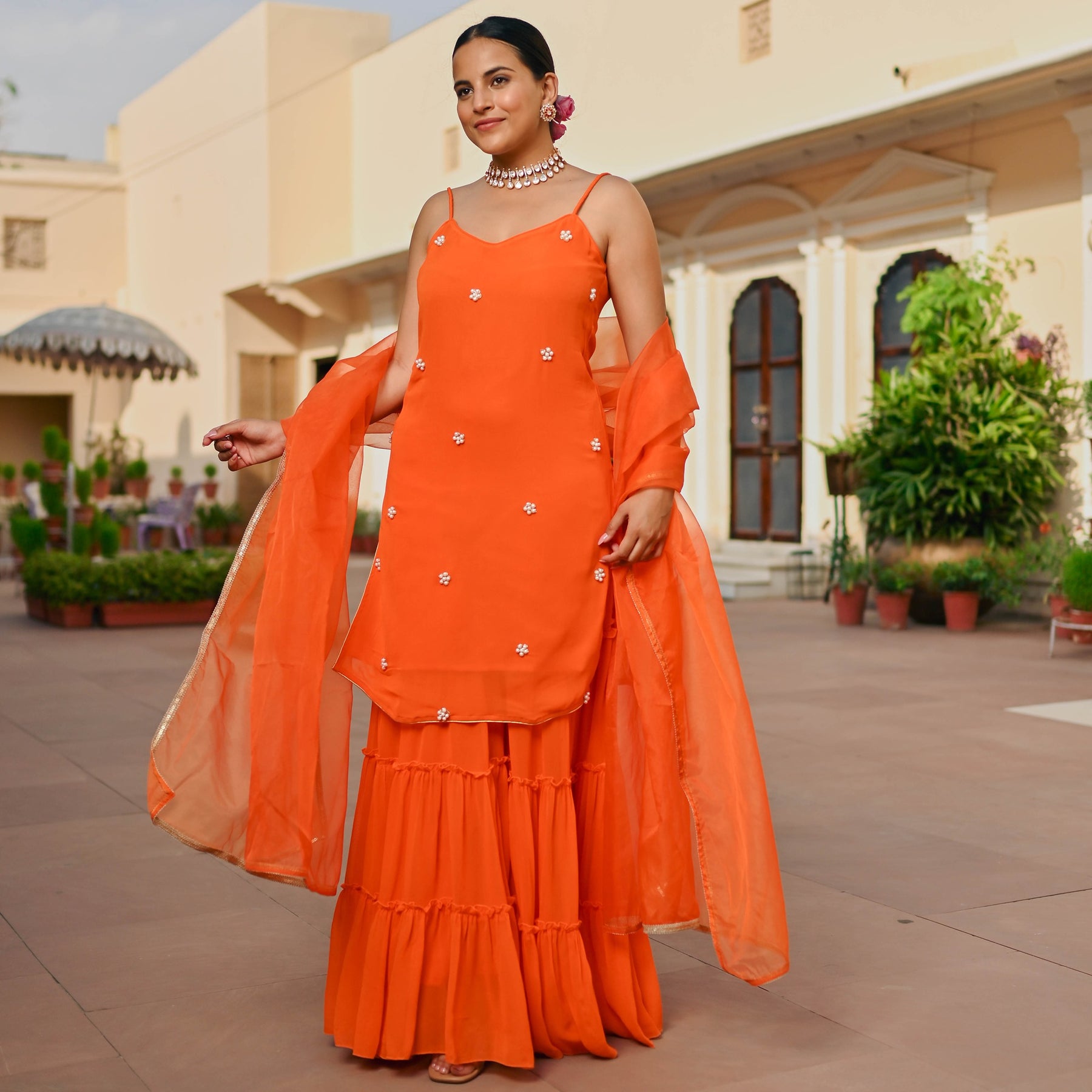 ORANGE GEORGETTE KURTA AND SHARARA SET