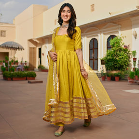 Lemon Green Silk Anarkali set