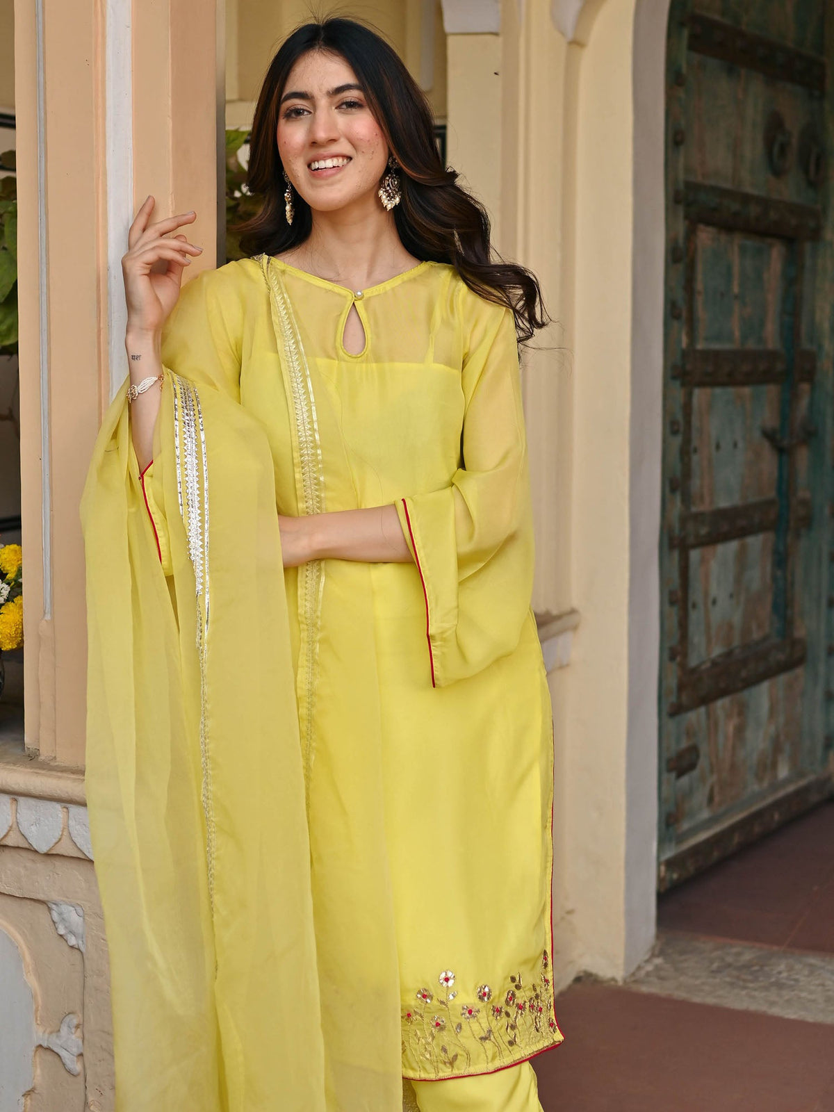 LEMON YELLOW SILK  KURTA AND PANT SET