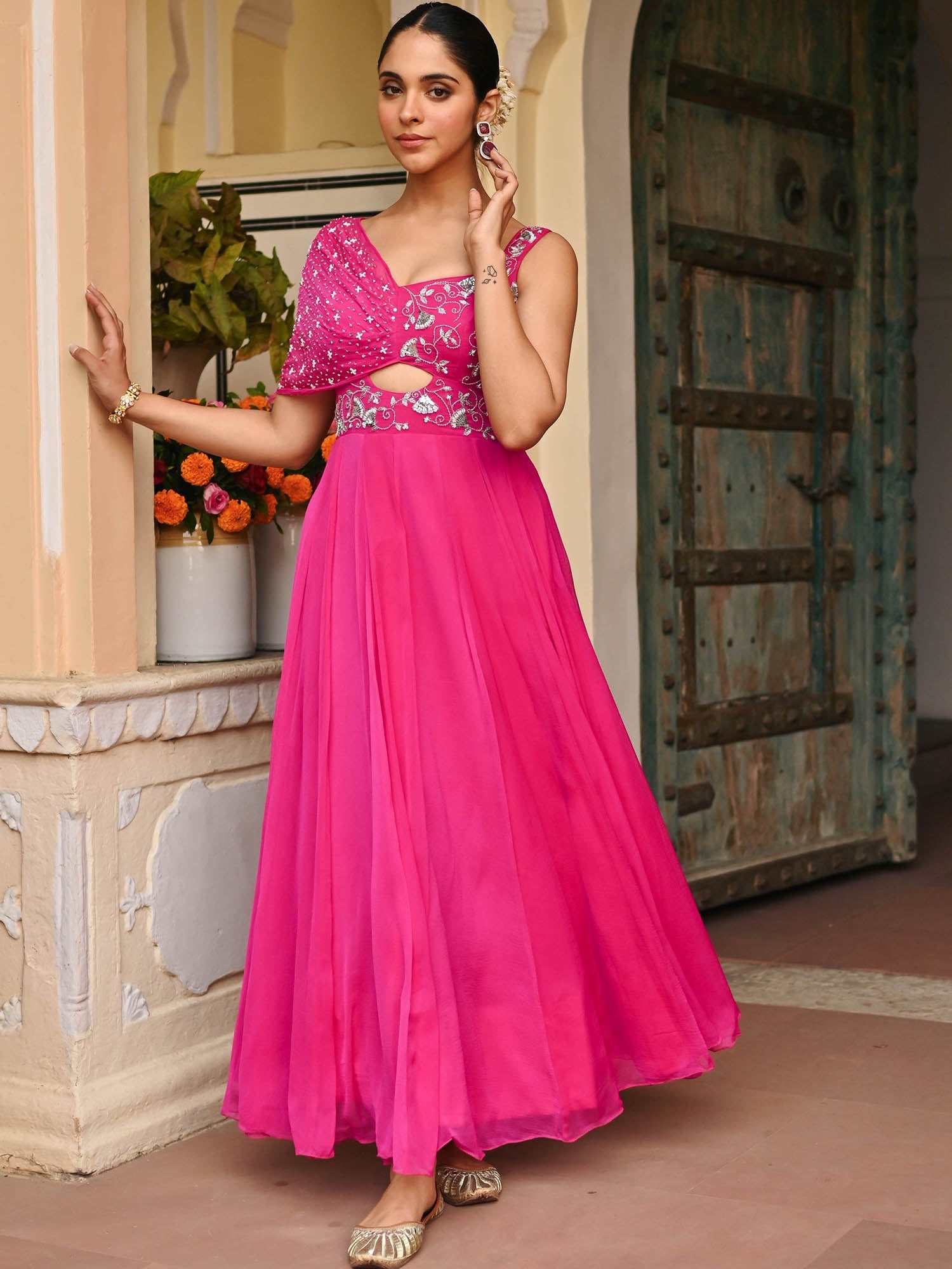 Pink Chiffon Handwork Gown