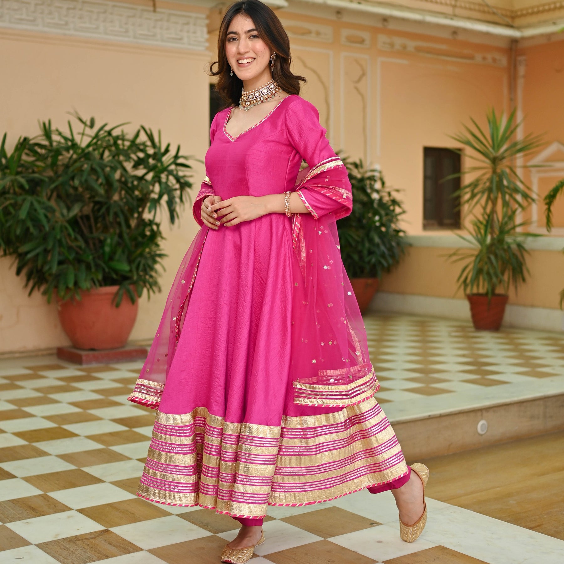 Pink Silk Gotta Anarkali Set