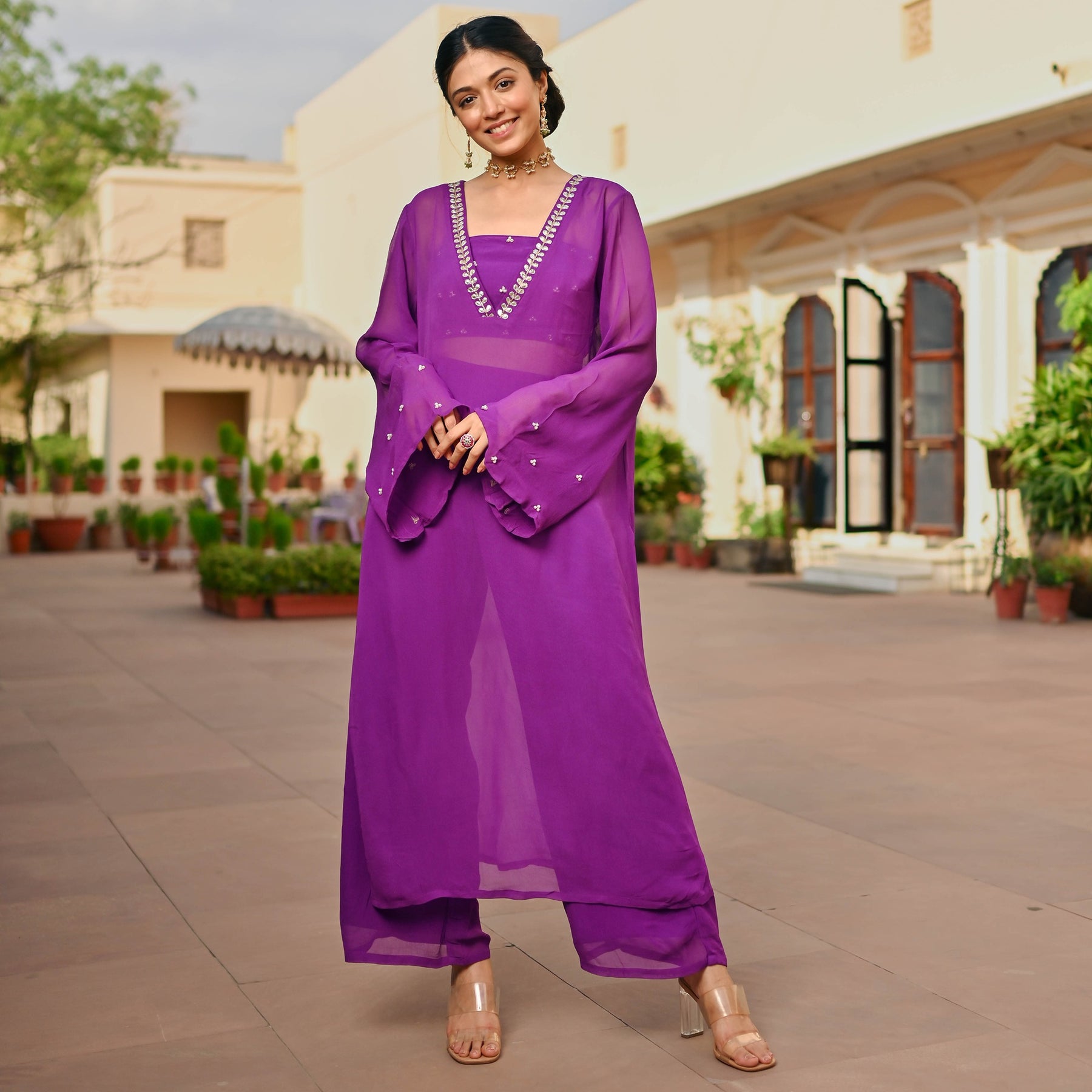 PURPLE GEORGETTE KAFTAN AND PALAZZO SET