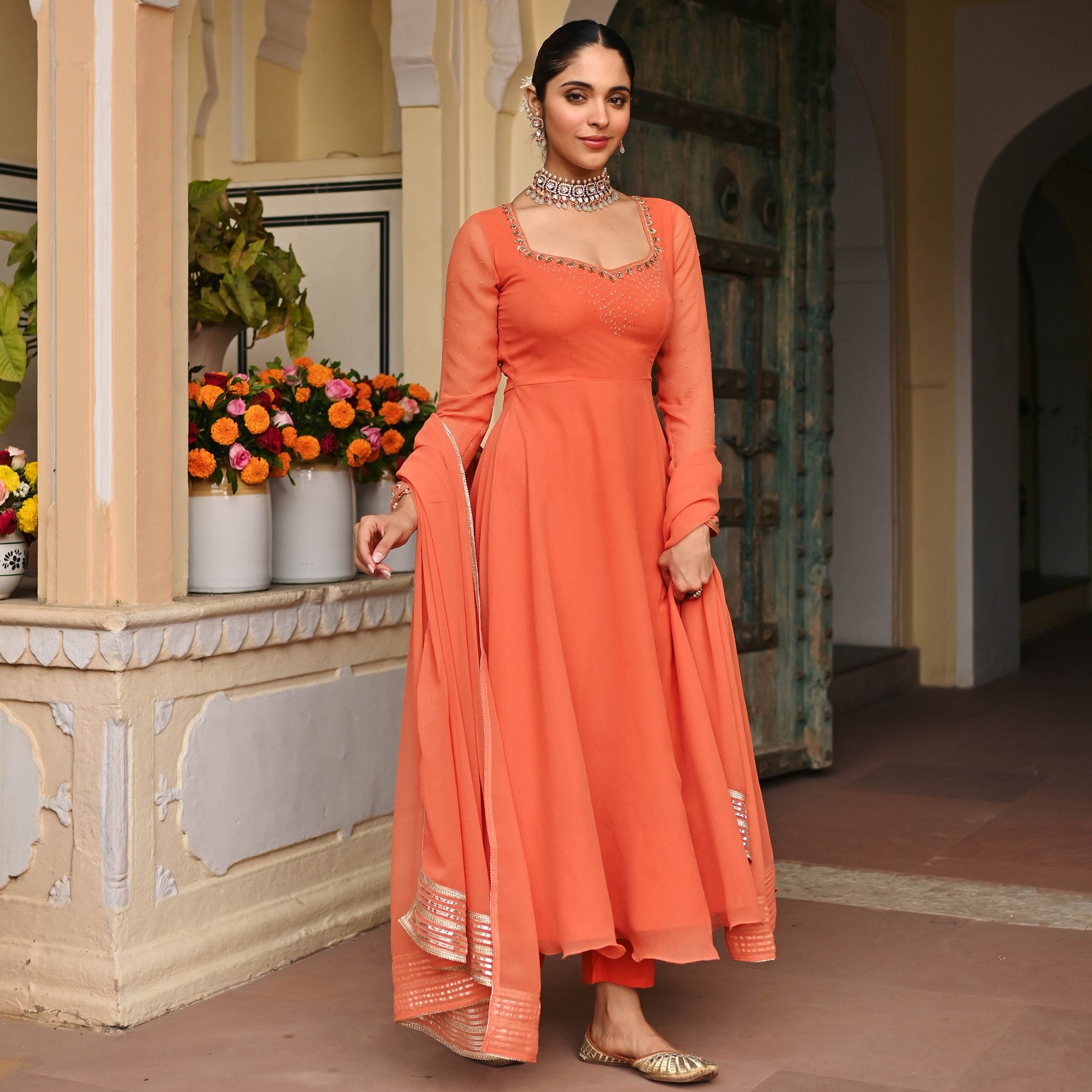 Coral Handwork Georgette Anarkali Set