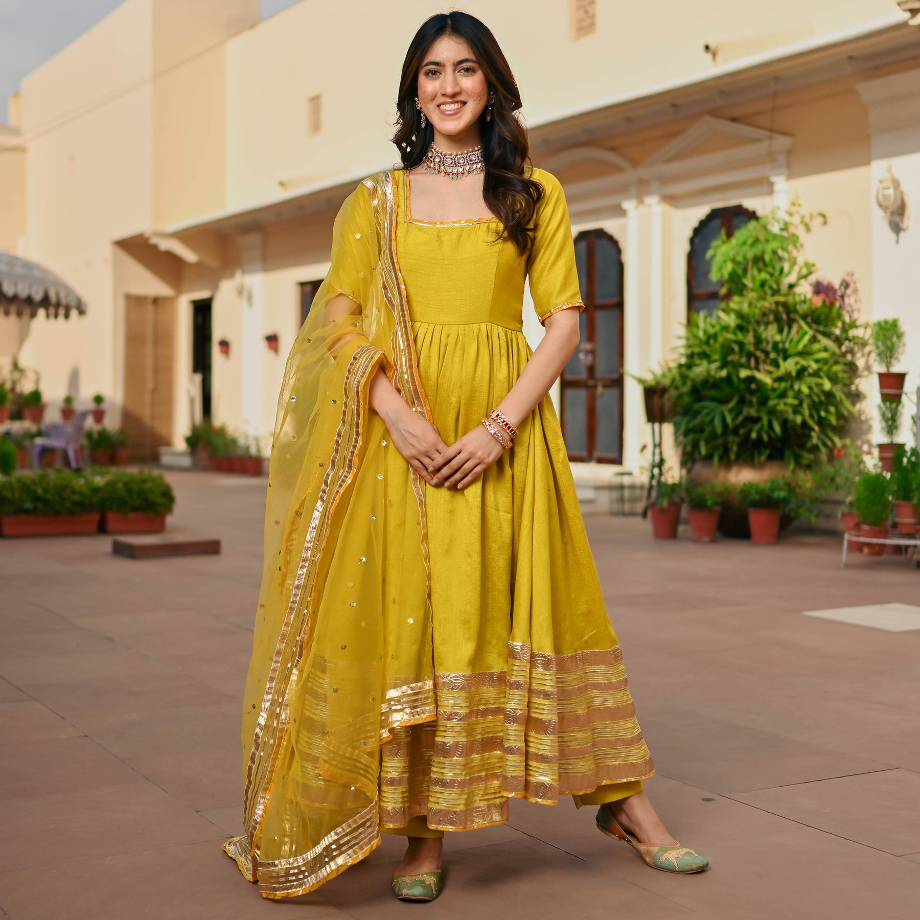 Lemon Green Silk Anarkali set