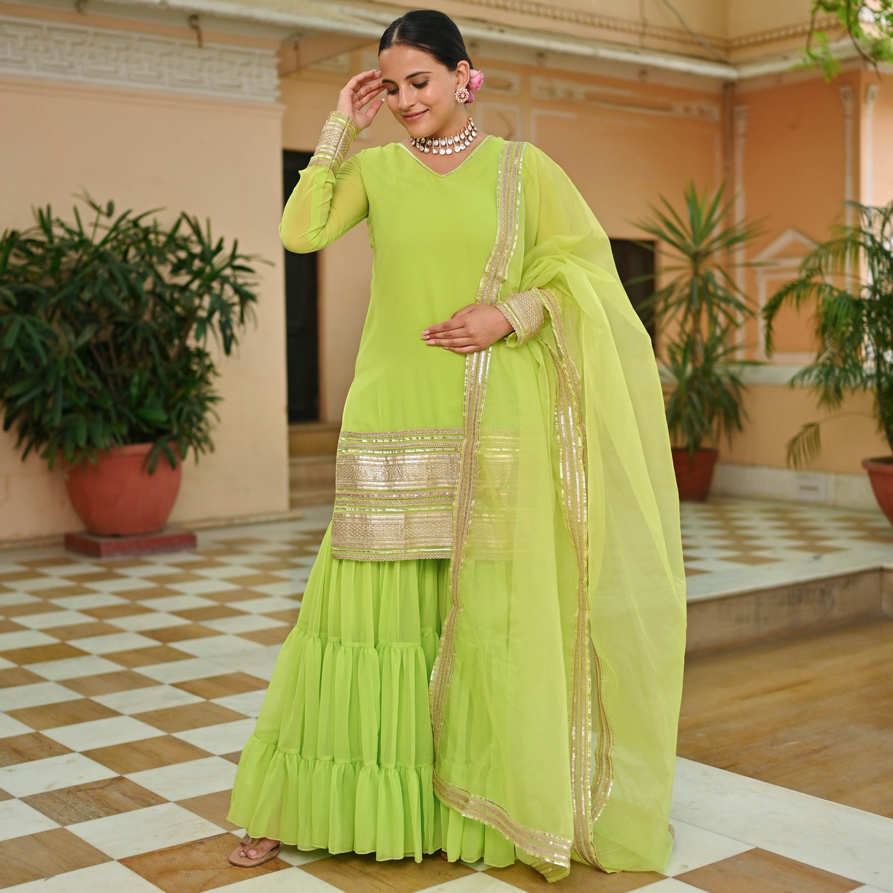 GREEN GEORGETTE KURTA AND SHARARA SET