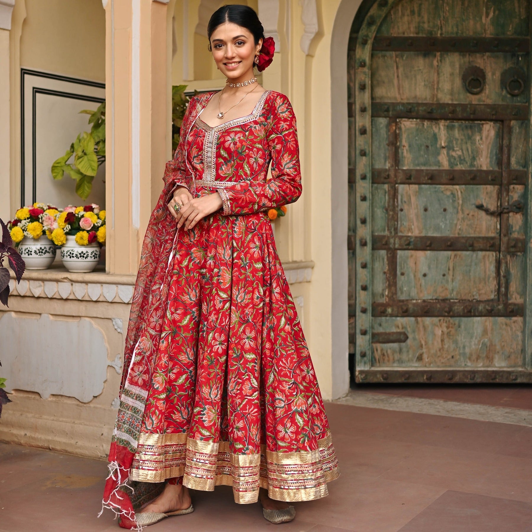 Red Handblock Printed Anarkali Set