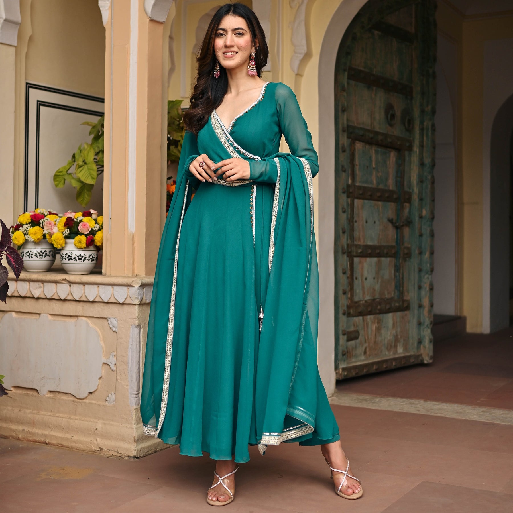 Teal Blue Georgette Angrakhaa Set