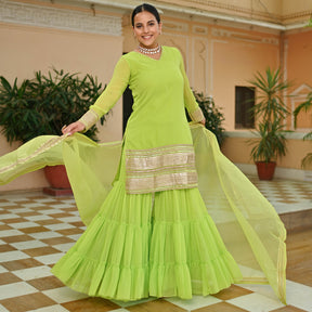 GREEN GEORGETTE KURTA AND SHARARA SET